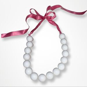 Vintage Hand Strung White Bubble Bead Necklace w/Pink Silk Ribbon Tie Necklace
